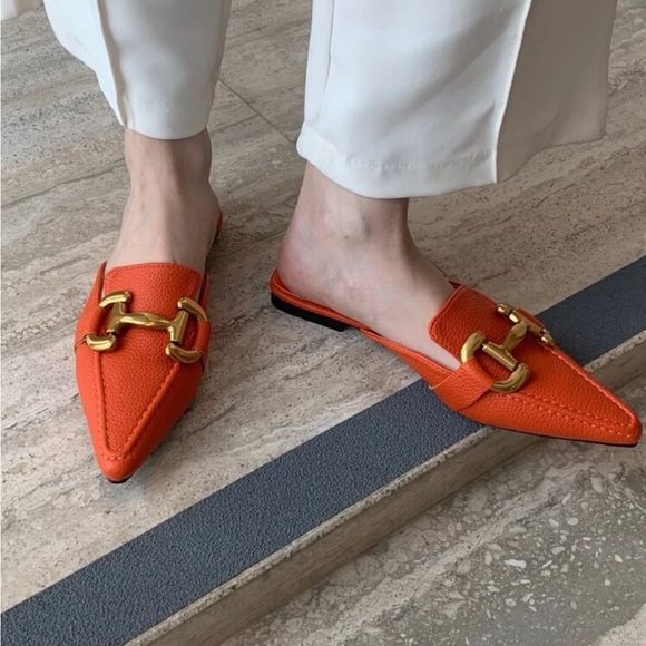 Orange Avant-garde Solid Color Mules With Metal Decoration, Pointed Toe And Flat - Picture 5 of 6